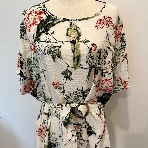 Amanda Green Jungle Bird Floral Leaf Print Top  Blouse Tunic Style with Belt XL - Picture 10 of 10